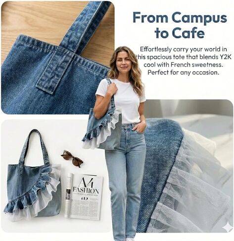 Denim Hobo Bag Lace Ruffle Tote Bag, Cute Lace Patchwork Jeans Purse Slouchy Shoulder Bag For Women, Casual Handbag Daily | Delicate Lace Ruffle in Saudi Arabia