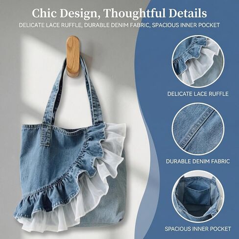 Denim Hobo Bag Lace Ruffle Tote Bag, Cute Lace Patchwork Jeans Purse Slouchy Shoulder Bag For Women, Casual Handbag Daily | Delicate Lace Ruffle in Saudi Arabia