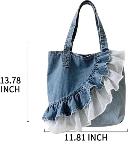 Denim Hobo Bag Lace Ruffle Tote Bag, Cute Lace Patchwork Jeans Purse Slouchy Shoulder Bag For Women, Casual Handbag Daily | Delicate Lace Ruffle in Saudi Arabia