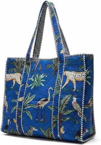 Quilted Cotton Tote Bag, Jungle Flower Safari Tropical Print, Large zipper Double Handle bag 18x6x18 Inches, Unisex in Kuwait