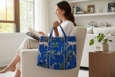 Quilted Cotton Tote Bag, Jungle Flower Safari Tropical Print, Large zipper Double Handle bag 18x6x18 Inches, Unisex in Kuwait