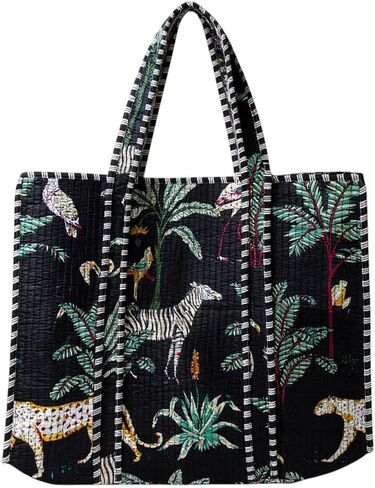Quilted Cotton Tote Bag, Jungle Flower Safari Tropical Print, Large zipper Double Handle bag 18x6x18 Inches, Unisex in Kuwait