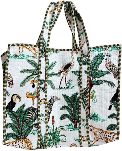 Quilted Cotton Tote Bag, Jungle Flower Safari Tropical Print, Large zipper Double Handle bag 18x6x18 Inches, Unisex in Kuwait