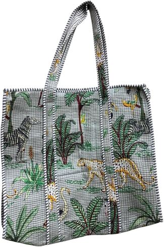 Quilted Cotton Tote Bag, Jungle Flower Safari Tropical Print, Large zipper Double Handle bag 18x6x18 Inches, Unisex in Kuwait