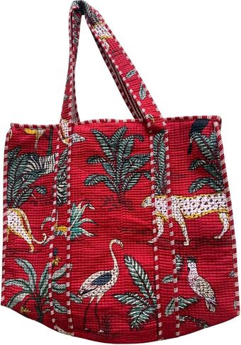Quilted Cotton Tote Bag, Jungle Flower Safari Tropical Print, Large zipper Double Handle bag 18x6x18 Inches, Unisex in Kuwait