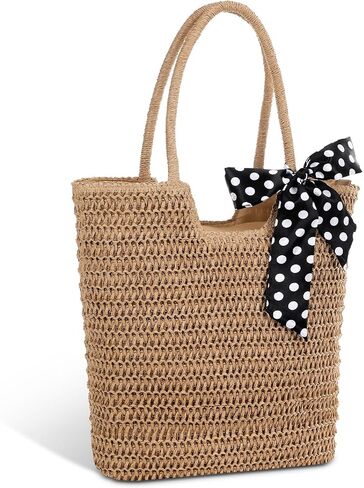 Capoda Straw Beach Bag for Women 15.8 x 14.2 Inch Large Boho Tote Bag Summer Shoulder Handbag Purse with Leak-proof Lining Zipper Rattan Woven Purse for Summer Beach Shopping Travel in Kuwait