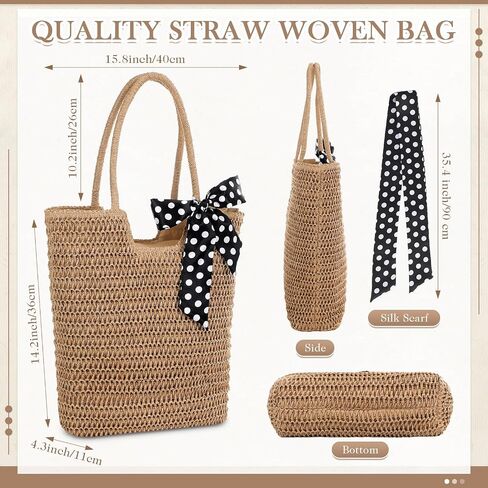 Capoda Straw Beach Bag for Women 15.8 x 14.2 Inch Large Boho Tote Bag Summer Shoulder Handbag Purse with Leak-proof Lining Zipper Rattan Woven Purse for Summer Beach Shopping Travel in Kuwait