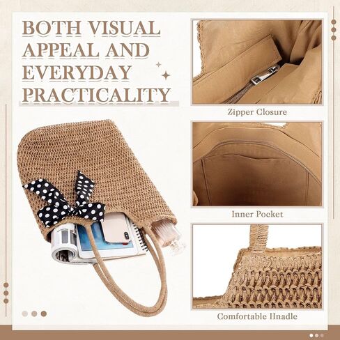 Capoda Straw Beach Bag for Women 15.8 x 14.2 Inch Large Boho Tote Bag Summer Shoulder Handbag Purse with Leak-proof Lining Zipper Rattan Woven Purse for Summer Beach Shopping Travel in Kuwait