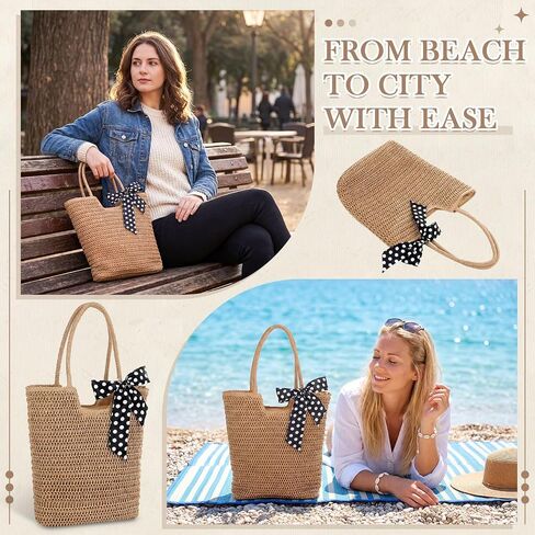 Capoda Straw Beach Bag for Women 15.8 x 14.2 Inch Large Boho Tote Bag Summer Shoulder Handbag Purse with Leak-proof Lining Zipper Rattan Woven Purse for Summer Beach Shopping Travel in Kuwait
