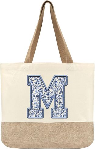 Initial Canvas Tote Bag, Womens Personalized Monogram M Tote Bags, Suitable for Wedding Engagement Parties Honeymoon Birthday Beach Holiday, Gift for Women Grandma Mom Teacher Friends Bridesmaids in Saudi Arabia