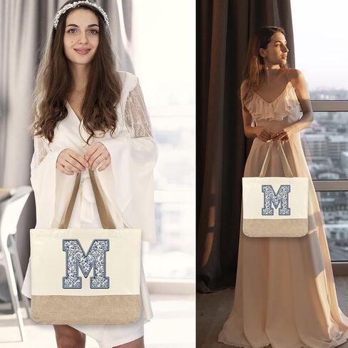 Initial Canvas Tote Bag, Womens Personalized Monogram M Tote Bags, Suitable for Wedding Engagement Parties Honeymoon Birthday Beach Holiday, Gift for Women Grandma Mom Teacher Friends Bridesmaids in Saudi Arabia