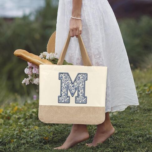 Initial Canvas Tote Bag, Womens Personalized Monogram M Tote Bags, Suitable for Wedding Engagement Parties Honeymoon Birthday Beach Holiday, Gift for Women Grandma Mom Teacher Friends Bridesmaids in Saudi Arabia