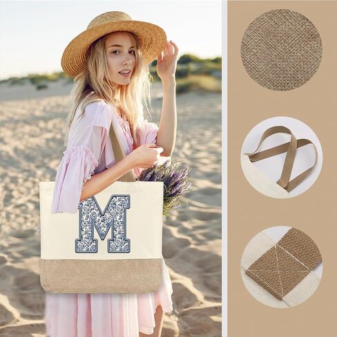 Initial Canvas Tote Bag, Womens Personalized Monogram M Tote Bags, Suitable for Wedding Engagement Parties Honeymoon Birthday Beach Holiday, Gift for Women Grandma Mom Teacher Friends Bridesmaids in Saudi Arabia
