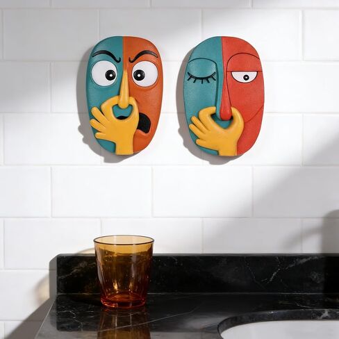 oliruim Funky Wall Decor Sculptures Set of 2 - Holding Her Nose Modern Abstract Colorful Bathroom Wall Art Face Sculptures for Living Room, Office, Entrance or Hallway, Contemporary Decor - 9.1" Tall in Saudi Arabia