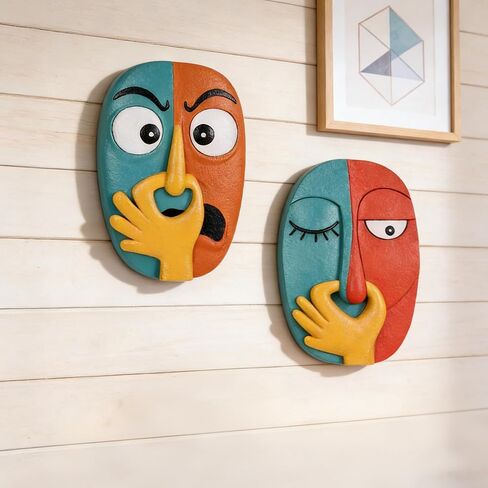 oliruim Funky Wall Decor Sculptures Set of 2 - Holding Her Nose Modern Abstract Colorful Bathroom Wall Art Face Sculptures for Living Room, Office, Entrance or Hallway, Contemporary Decor - 9.1" Tall in Saudi Arabia