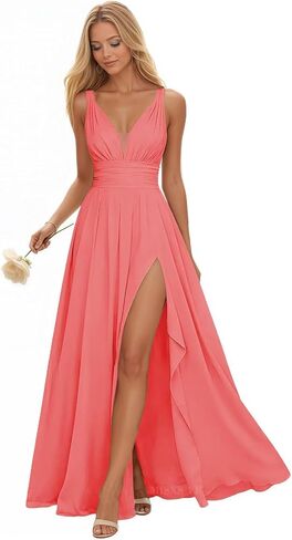 Long Spaghetti Bridesmaid Dress with Slit Chiffon V Neck A Line Ruffle Formal Dress for Women in Saudi Arabia