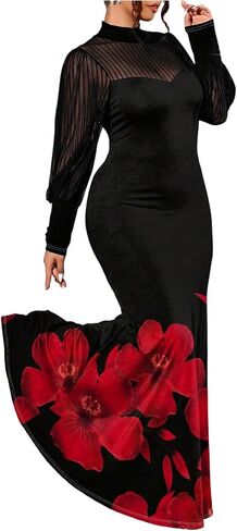 GORGLITTER Women's Plus Size Mesh Long Sleeve Dresses Sheer Mock Neck Formal Party Wedding Guest Long Dress in Kuwait