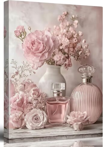Pink Flower Perfume Canvas Wall Art,Trendy Woman Painting Picture Wall Decor,Floral plant Poster Print Artwork,for Bedroom Girls Room Living Room Home Decoration 12x16inch in Saudi Arabia