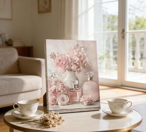 Pink Flower Perfume Canvas Wall Art,Trendy Woman Painting Picture Wall Decor,Floral plant Poster Print Artwork,for Bedroom Girls Room Living Room Home Decoration 12x16inch in Saudi Arabia