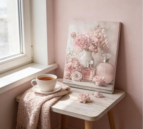 Pink Flower Perfume Canvas Wall Art,Trendy Woman Painting Picture Wall Decor,Floral plant Poster Print Artwork,for Bedroom Girls Room Living Room Home Decoration 12x16inch in Saudi Arabia