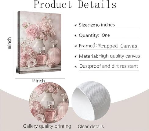 Pink Flower Perfume Canvas Wall Art,Trendy Woman Painting Picture Wall Decor,Floral plant Poster Print Artwork,for Bedroom Girls Room Living Room Home Decoration 12x16inch in Saudi Arabia