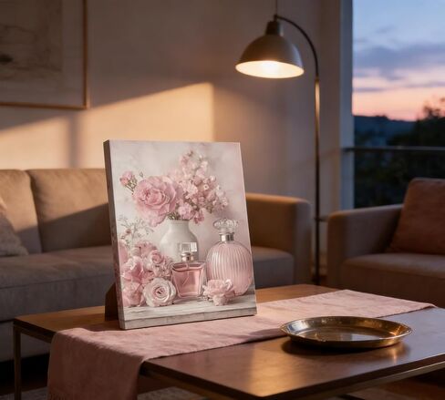 Pink Flower Perfume Canvas Wall Art,Trendy Woman Painting Picture Wall Decor,Floral plant Poster Print Artwork,for Bedroom Girls Room Living Room Home Decoration 12x16inch in Saudi Arabia