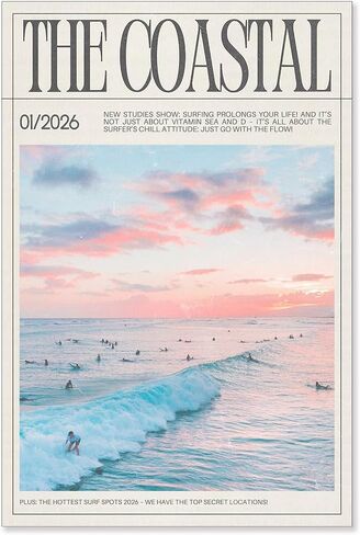 Vintage Surf Magazine Coastal Newspaper Poster Beach Summer Canvas Wall Art The Coastal Sunset Aesthetic Prints Painting For Home Bedroom Dorm Wall Decor 12x16in Unframed in Kuwait