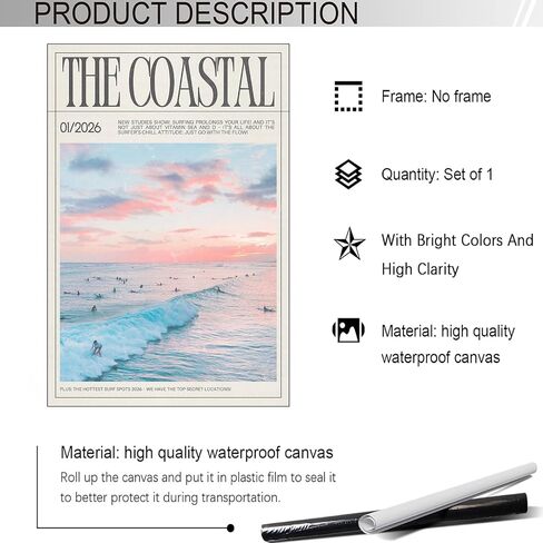 Vintage Surf Magazine Coastal Newspaper Poster Beach Summer Canvas Wall Art The Coastal Sunset Aesthetic Prints Painting For Home Bedroom Dorm Wall Decor 12x16in Unframed in Kuwait