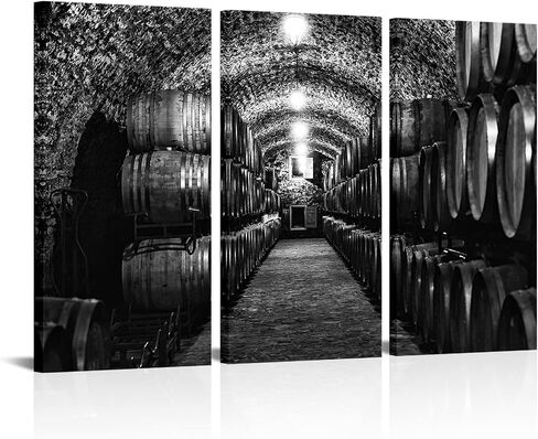 LevvArts Large 3 Piece Whiskey Cellar Canvas Wall Art Black and White Wooden Barrels Picture Painting for Modern Home Kichen Restaurant Decor Stretched and Framed Ready to Hang 16"x32"x3PCS in Saudi Arabia