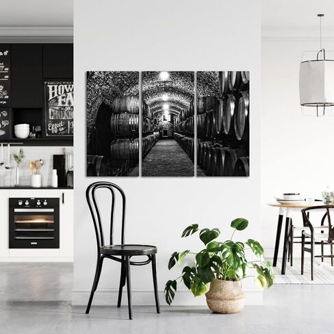 LevvArts Large 3 Piece Whiskey Cellar Canvas Wall Art Black and White Wooden Barrels Picture Painting for Modern Home Kichen Restaurant Decor Stretched and Framed Ready to Hang 16"x32"x3PCS in Saudi Arabia