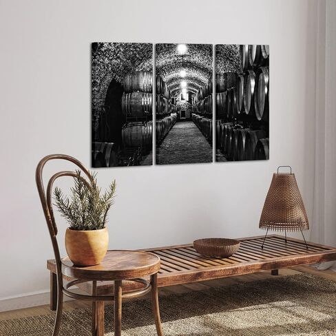 LevvArts Large 3 Piece Whiskey Cellar Canvas Wall Art Black and White Wooden Barrels Picture Painting for Modern Home Kichen Restaurant Decor Stretched and Framed Ready to Hang 16"x32"x3PCS in Saudi Arabia