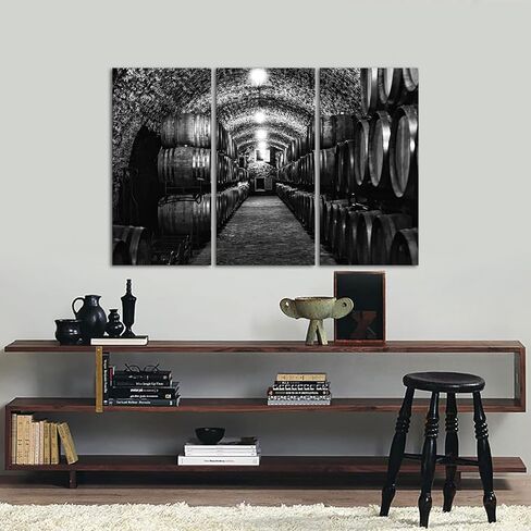 LevvArts Large 3 Piece Whiskey Cellar Canvas Wall Art Black and White Wooden Barrels Picture Painting for Modern Home Kichen Restaurant Decor Stretched and Framed Ready to Hang 16"x32"x3PCS in Saudi Arabia