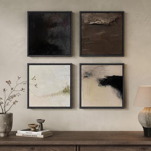 Framed Neutral Abstract Wall Art, 4 Piece Modern Minimalist Brown Black Beige Canvas Prints Artwork for Walls, Contemporary Square Earth Tone Wall Decor for Living Room Bedroom Office Entryway, 12x12 in Saudi Arabia