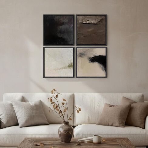 Framed Neutral Abstract Wall Art, 4 Piece Modern Minimalist Brown Black Beige Canvas Prints Artwork for Walls, Contemporary Square Earth Tone Wall Decor for Living Room Bedroom Office Entryway, 12x12 in Saudi Arabia