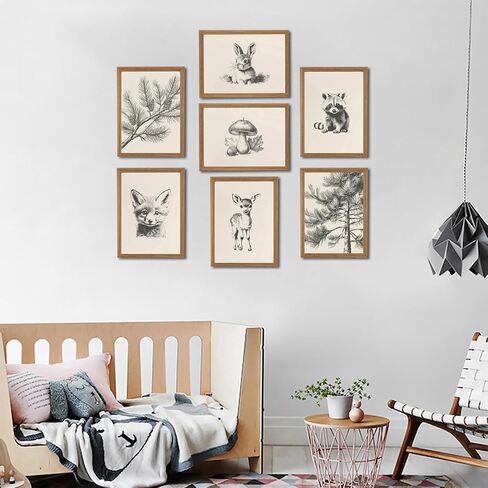 HDXUFJQ Wood Framed Neutral Nursery Wall Art Woodland Animal Canvas Wall Decor Forest Animal Themed Sketch Pictures Prints Vintage Rustic Baby Kids Boys Girls Room Home Paintings Decor（8"x10"） in Saudi Arabia