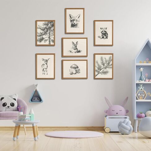 HDXUFJQ Wood Framed Neutral Nursery Wall Art Woodland Animal Canvas Wall Decor Forest Animal Themed Sketch Pictures Prints Vintage Rustic Baby Kids Boys Girls Room Home Paintings Decor（8"x10"） in Saudi Arabia