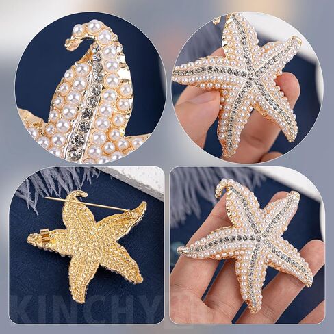 2 Pack Shell Pearl Starfish Brooch Crystal Bling Star Lapel Pins Ocean Sea Animal Brooches for Dress Accessories in Saudi Arabia