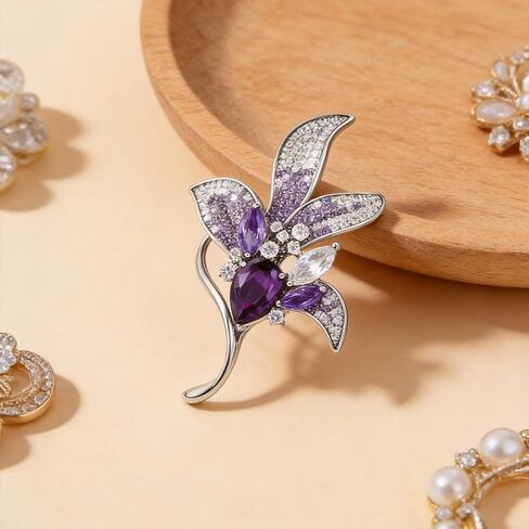 Purple Lily Floral Brooch Pin for Women, Austrian Crystal Rhinestone, Lapel Pin, Wedding Banquet Prom Corsage Accessory in Saudi Arabia
