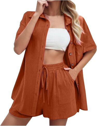Women's Linen Shorts Sets Dressy Casual Workout Comfortable Button Down Beach Lounge Office Versatile Outfits in Saudi Arabia