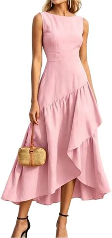 Womens Summer Vacation Dress Sleeveless Casual Scoop Neck Ruffle Maxi Dresses A-Line Flowy Beach Tank Sundress in Saudi Arabia