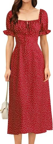 RIHOAS Womens Summer Dresses Square Neck Vintage Short Sleeve Midi Dress Casual Puff A Line Chiffon Sundress in Saudi Arabia