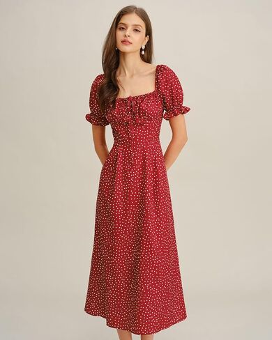 RIHOAS Womens Summer Dresses Square Neck Vintage Short Sleeve Midi Dress Casual Puff A Line Chiffon Sundress in Saudi Arabia