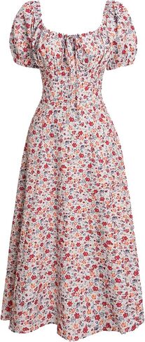 RIHOAS Womens Summer Dresses Square Neck Vintage Short Sleeve Midi Dress Casual Puff A Line Chiffon Sundress in Saudi Arabia