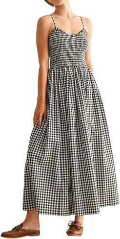 yoeasy Women's Summer Spaghetti Strap Maxi Dress Plaid Sleeveless Smocked Swing A Line Casual Boho Beach Long Sundresses in Kuwait