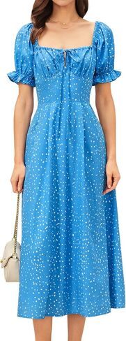 RIHOAS Womens Summer Dresses Square Neck Vintage Short Sleeve Midi Dress Casual Puff A Line Chiffon Sundress in Saudi Arabia