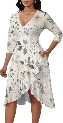 Women's 3/4 Sleeve Wrap Style Midi Dress V Neck Flowy Ruffle Hem Elegant Wedding Guest Church Tea Party Dress in Kuwait