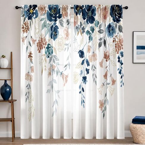 Floral Curtains for Bedroom and Living Room 84 inches Long,Farmhouse Classic Boho Flower Semi-Sheer Curtains Light Filtering Privacy Rod Pocket,Blue Pink 2 Panels,52 x 84 inch in Saudi Arabia