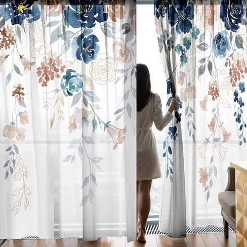 Floral Curtains for Bedroom and Living Room 84 inches Long,Farmhouse Classic Boho Flower Semi-Sheer Curtains Light Filtering Privacy Rod Pocket,Blue Pink 2 Panels,52 x 84 inch in Saudi Arabia