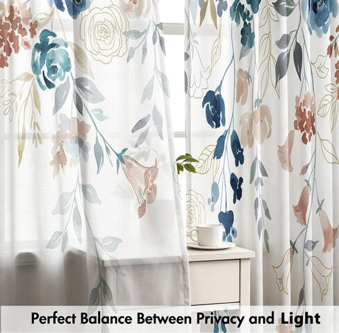 Floral Curtains for Bedroom and Living Room 84 inches Long,Farmhouse Classic Boho Flower Semi-Sheer Curtains Light Filtering Privacy Rod Pocket,Blue Pink 2 Panels,52 x 84 inch in Saudi Arabia