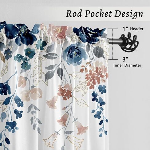 Floral Curtains for Bedroom and Living Room 84 inches Long,Farmhouse Classic Boho Flower Semi-Sheer Curtains Light Filtering Privacy Rod Pocket,Blue Pink 2 Panels,52 x 84 inch in Saudi Arabia